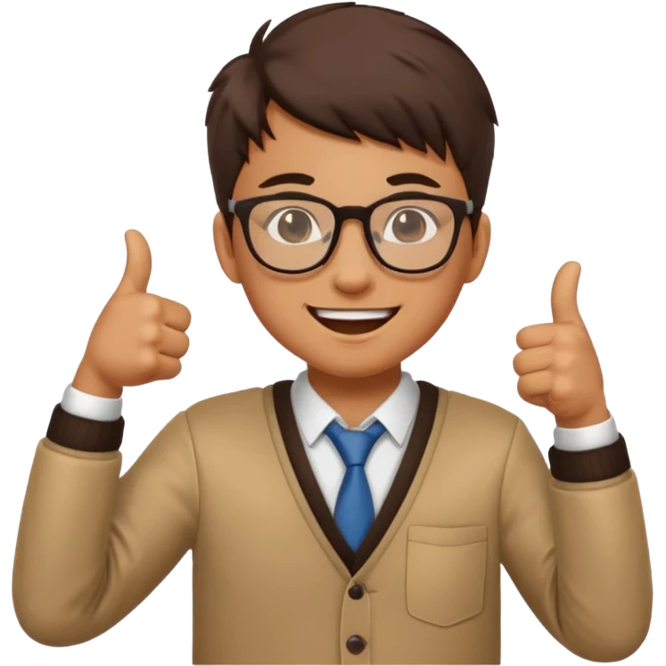 un estudiante que este parado con sus lentes guiñando el ojo y CON LAS MANOS HACIA ARRIBA DANDO LIKE emoji