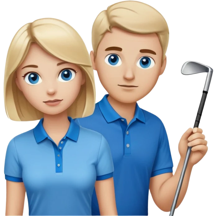 Blonde woman with blue eyes playing golf with white man with brown hair and brown eyes wearing blue polo emoji