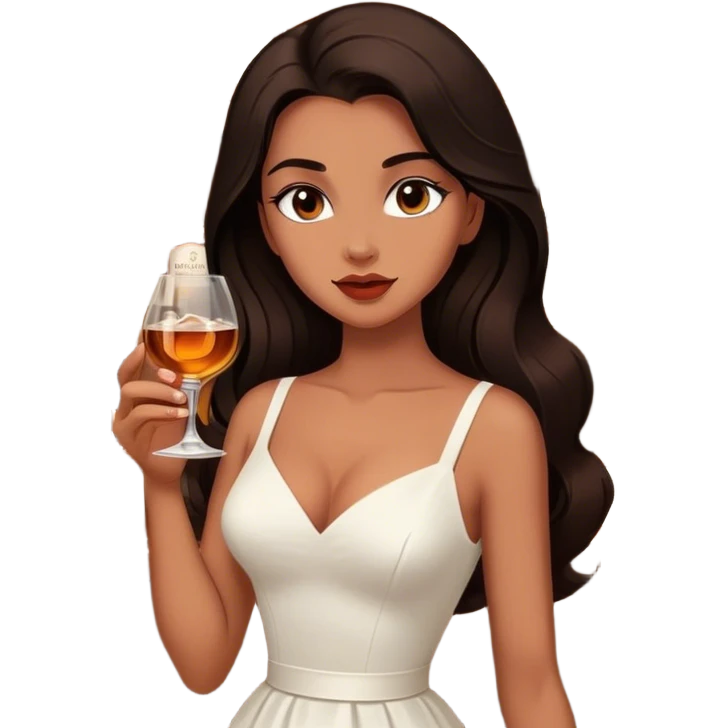 Beautiful woman in 1950’s woman fashion look, white dress, long dark brown hair, whisky with ice emoji