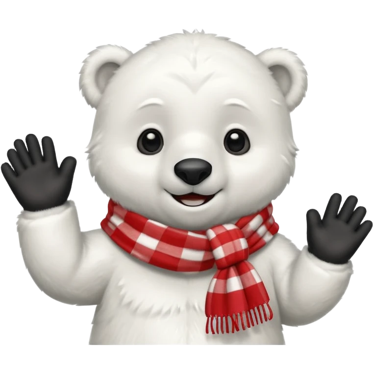 baby Polar Bear, smiling, hi five, wearing red Checkered Triangle scarf emoji