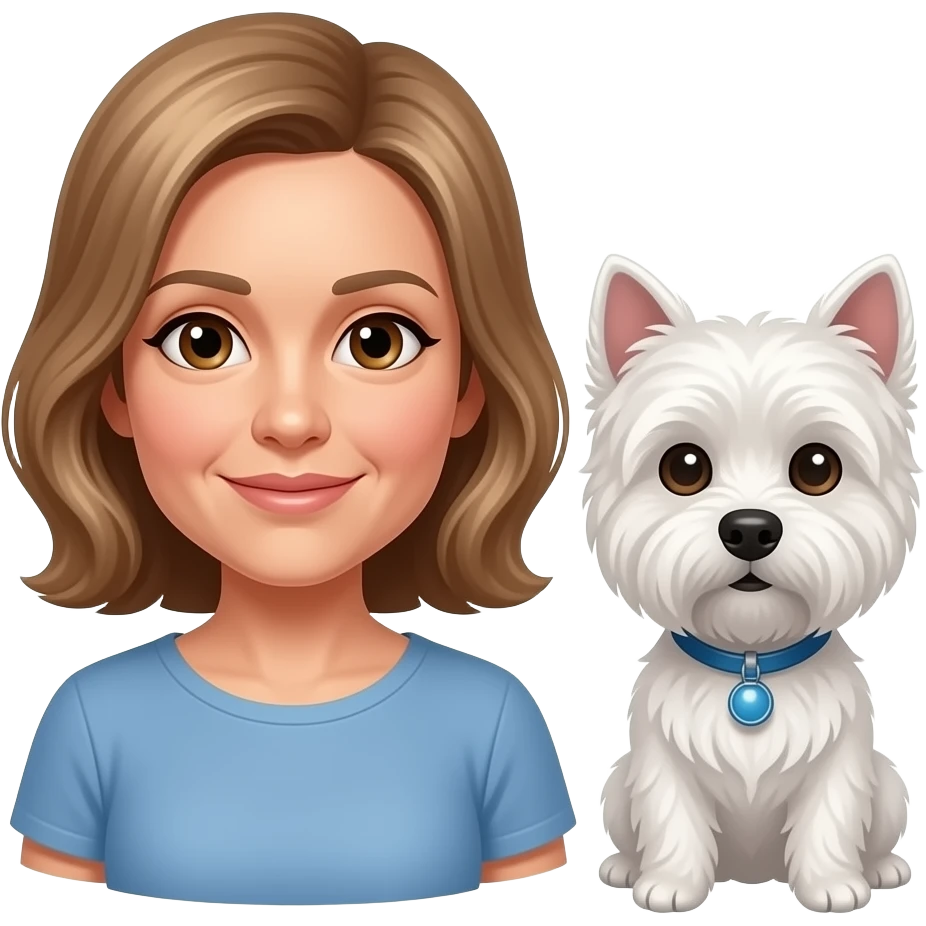 Middle age woman brown eyes , shoulder length light brown hair, with a female westie and a male westie emoji