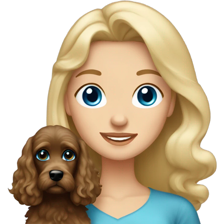 Old blue eyed blonde lady with long straight hair with dark brown Cockapoo puppy dog emoji