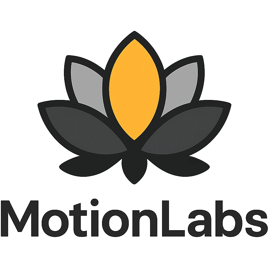 ultra luxury logo for MotionLabs with a stylized lotus icon, colors #ffa31a, #808080, #292929, #1b1b1b, #ffffff emoji