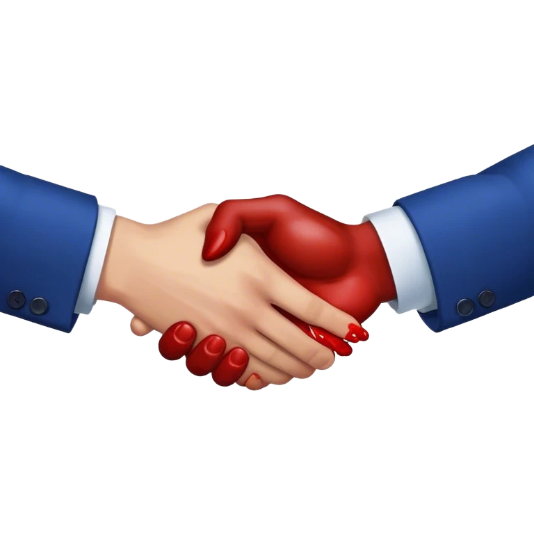 handshake, hands in blue suits, blood on one of the hands emoji