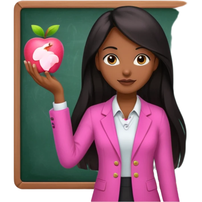 a brown skin teacher with hair with black straight long hair wearing pink not hot pink 2 piece set teaching up on a board the board nothing on the board but a pink apple emoji
