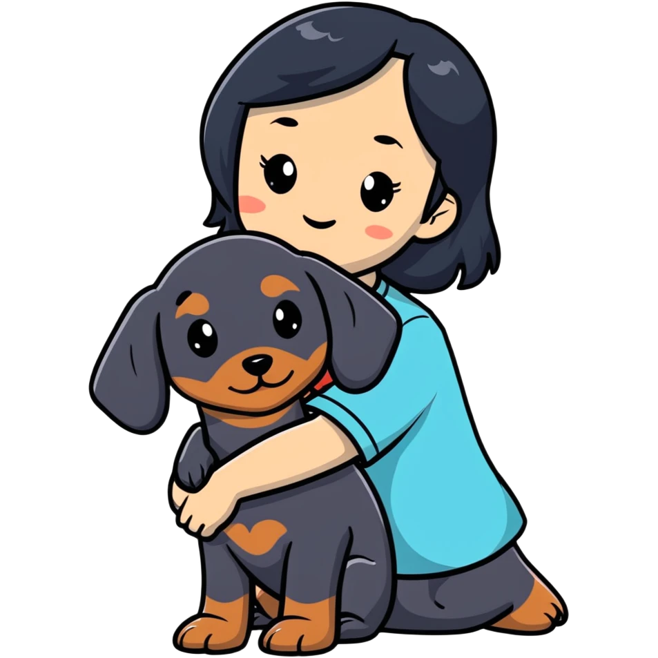 black hair asian girl hugging black dachshund emoji
