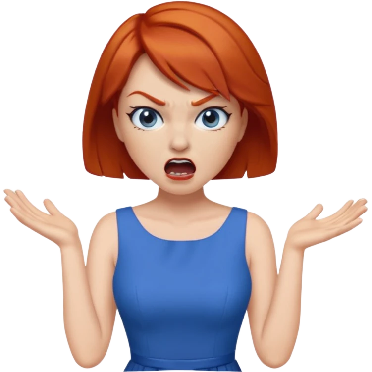 mujer pelirroja con los ojos y los labios maquillados enojada gritando con vestido azul pelo corto emoji