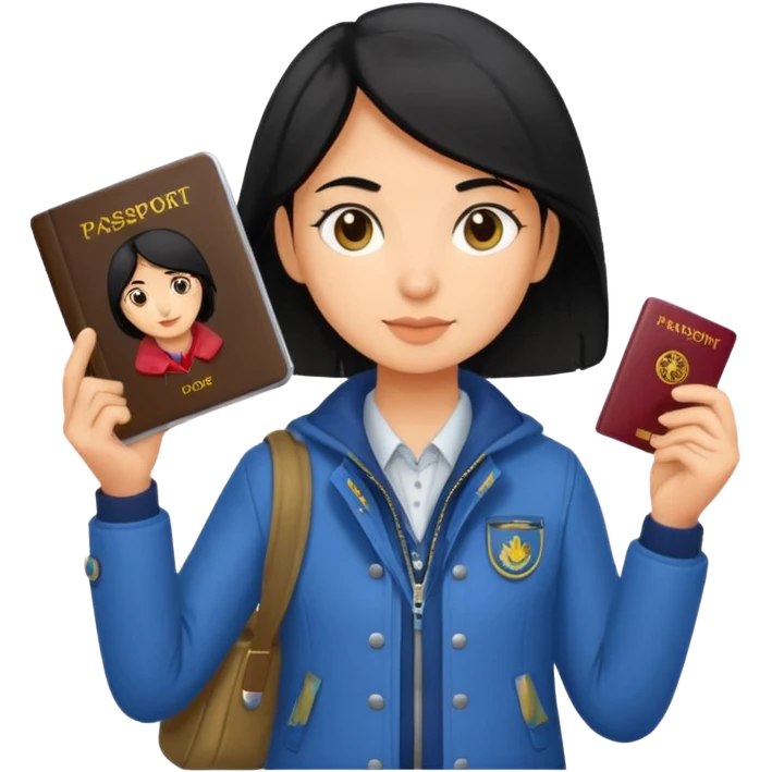 black haired Traveler character with passport emoji
