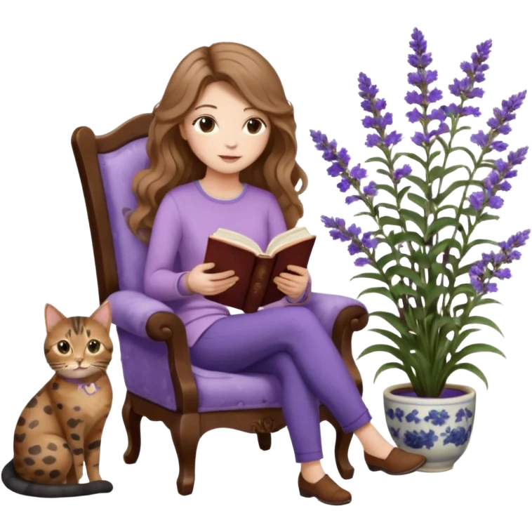 detailed emoji of a woman with long light brown wavy hair and light brown eyes reading a book, sitting on a comfortable reading chair, with a black cat and a brown spotted cat beside her, small table next to the chair with a coffee cup on it, in a garden filled with lavender flowers emoji