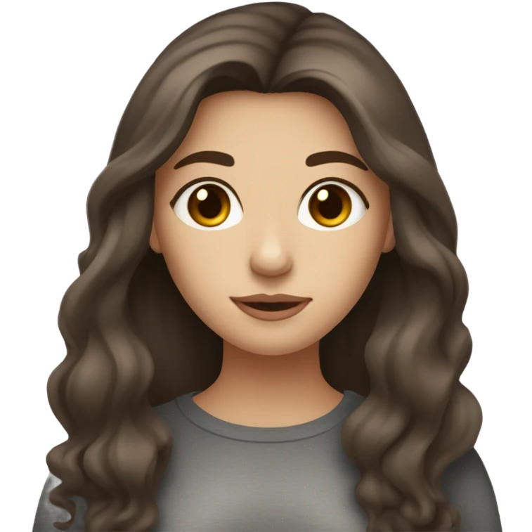A girl with brown hair with dark gray highlights, fair skin, long, soft, beautiful hair, soft lips, brown eyes, drinking coffee, and a small nose. emoji