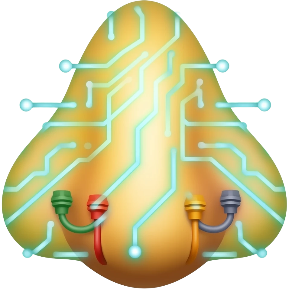 An icon featuring circuit boards, glowing wires, and a multimeter, nose form emoji