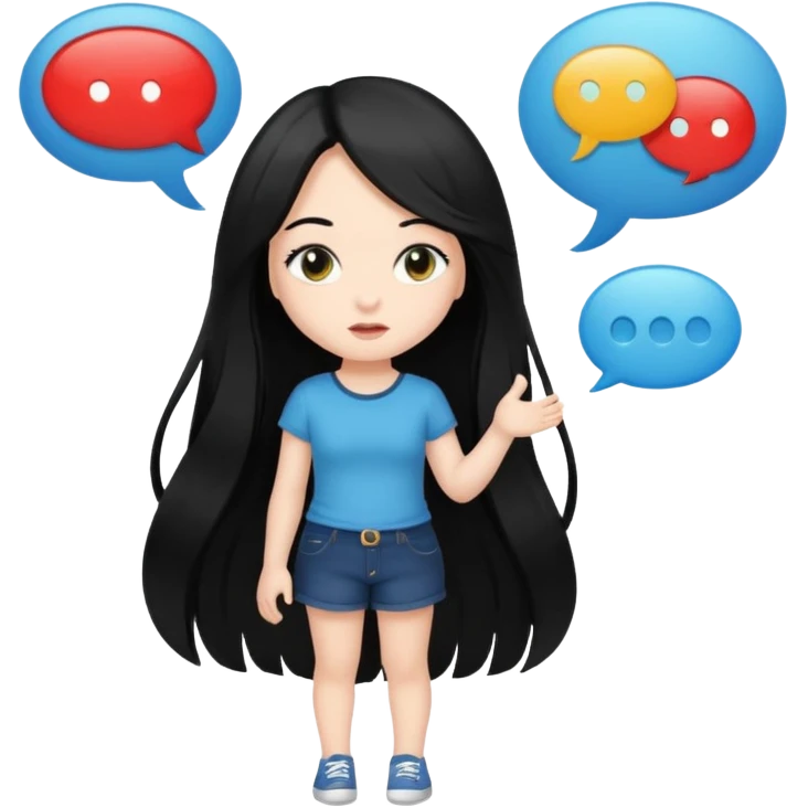 cute girl full body with long black hair with speech bubbles not have money emoji