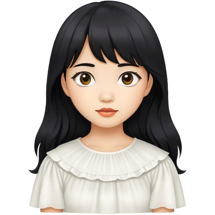 a southeast asian fair skinned girl with slightly wavy long layered black hair with curtain bangs wearing white top emoji