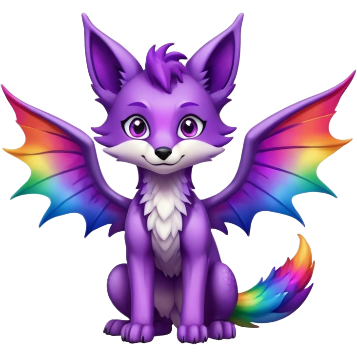 Cartoon Fox dragon hybrid purple eyes with wings face front full body dark rainbow colored emoji