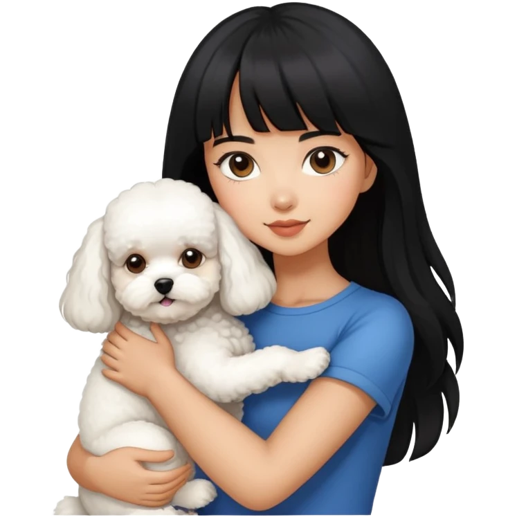 A beautiful girl with long black hair and bangs hugs a super small Bichon Frise dog emoji