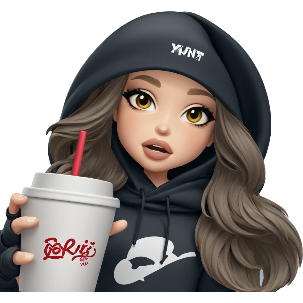 girl in black hoodie holding cup emoji