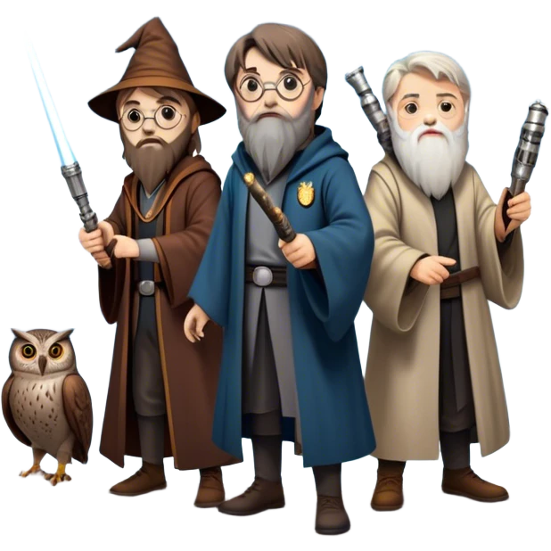 Icon for Fantasy and Sci-Fi Movies: Collage featuring Harry Potter with his wand, Dumbledore. Luke Skywalker with a lightsaber and futuristic robots. Background with a magical planet, Hogwarts, flying owls and spaceships. Epic and magical atmosphere. Transparent background. emoji