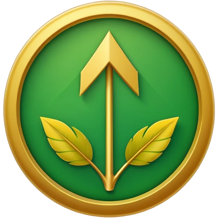 "A simple, strong, rounded arrow pointing upwards, encased within a circle made of two green, curved leaves. Use bright, contrasting colors (green and yellow/gold) for vitality. Minimalist 32x32 pixel emoji icon. Transparent background." emoji