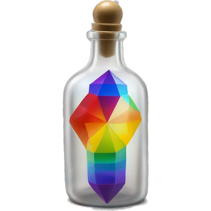 symbolic all-energies in a bottle sculpture symbolizing chromatic light with a geometric, faceted design. The bottle is standing upright with angular and baroque features. The vibrant rainbow of colors highlights the sharp edges and planes.  emoji