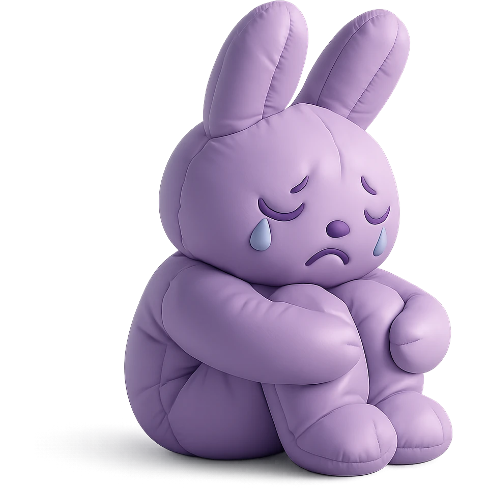 lilac bunny hugging knees while crying, soft emotional expression, cushion style emoji
