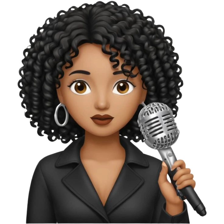 brown skin woman, curly black hair, singer, hold micro emoji