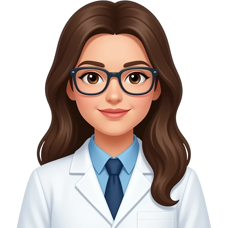 female scientist with long brown hair in white coat in text emoji emoji