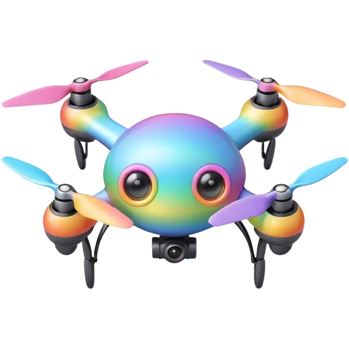 Cute pastel rainbow drone emoji, round shape, tiny propellers, big cartoon eyes, 3D soft glossy style, transparent background. emoji