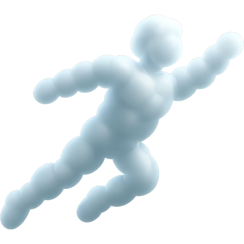 a person flying, entirely made of small, very bright white fluffy convex clouds, minimalism, airiness, glowing effect emoji