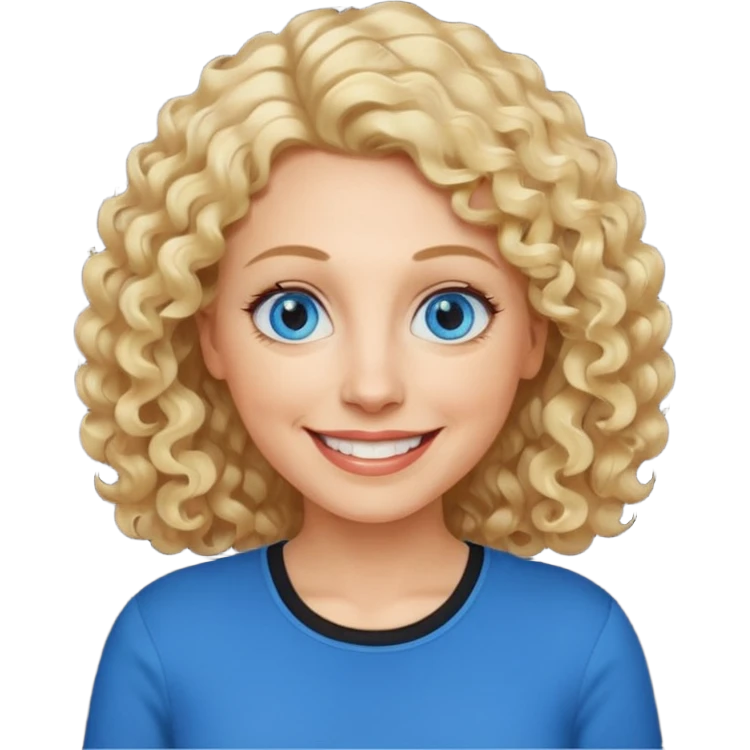Middle aged woman with blonde curly shoulder-length hair, big blue eyes, wide smile, black shirt emoji