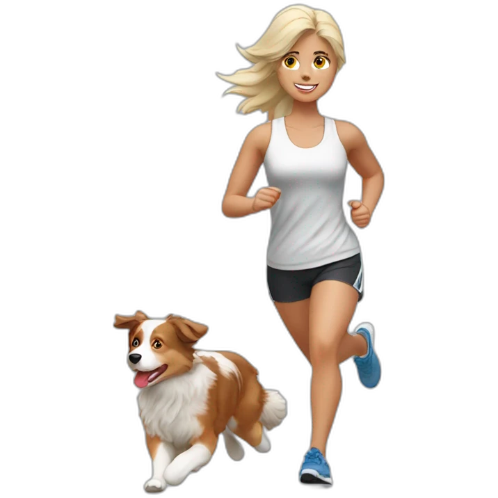 Blond jogging woman with red merle Australian Shepherd emoji