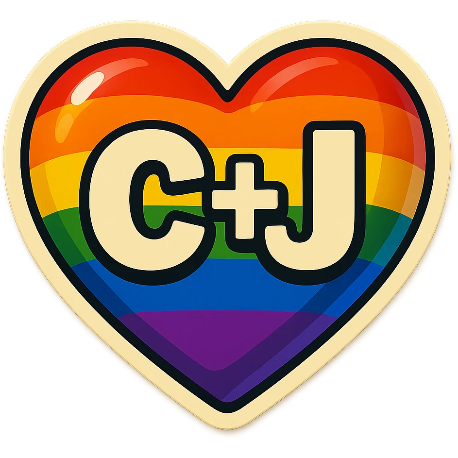 rainbow pride heart with the initials 'C+J' inside, bold and clear, vibrant colors, suitable for a sticker or emoji emoji
