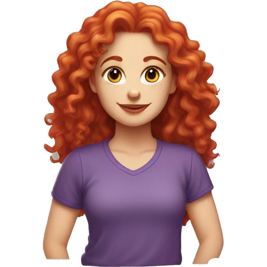 white girl with long red curly hair, wearing a rainbow cat shirt doing a pose emoji