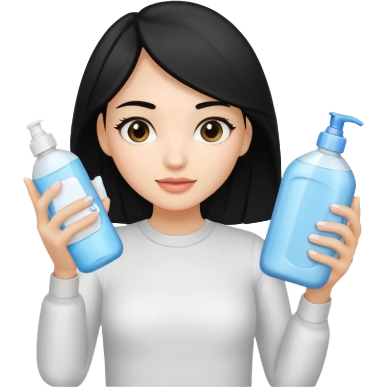 Generate a light-skinned girl with black hair who takes skincare. On the left hand side, she holds a detergent in her hand, and on the right hand side on the sheath, it is the one she applied. emoji
