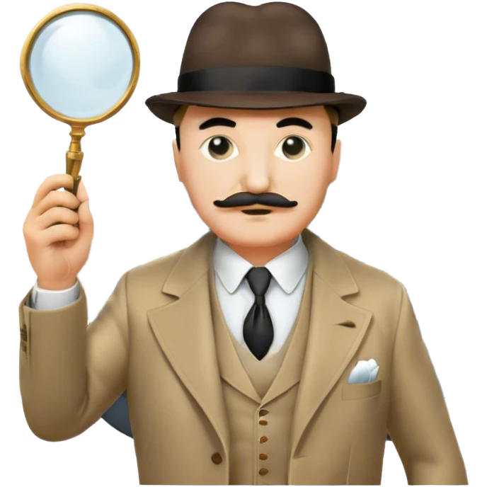 A cinematic-style frame showing Hercule Poirot in his iconic suit with a magnifying glass in a dramatic detective pose. Background should be mysterious city, a board with photos of suspects, clues like fingerprints. Transparent background. emoji