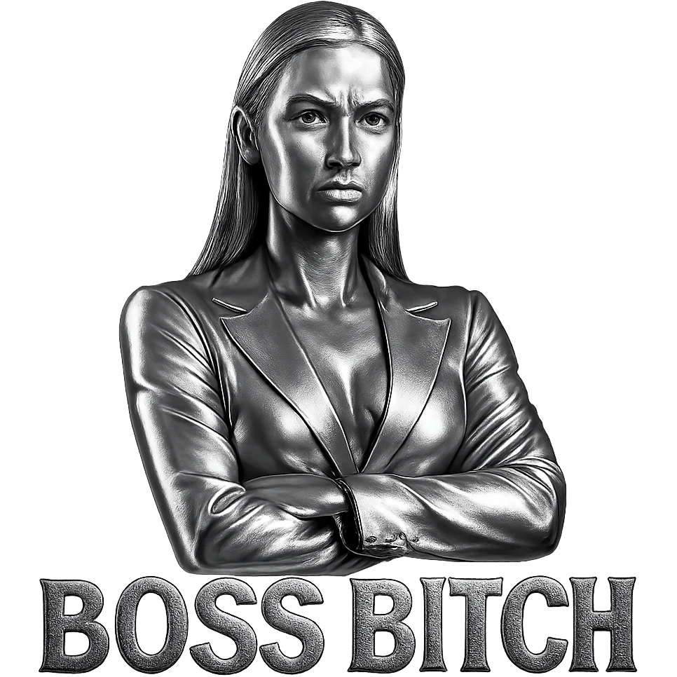 stern, sexy woman, 'Boss Bitch' in glossy emoji