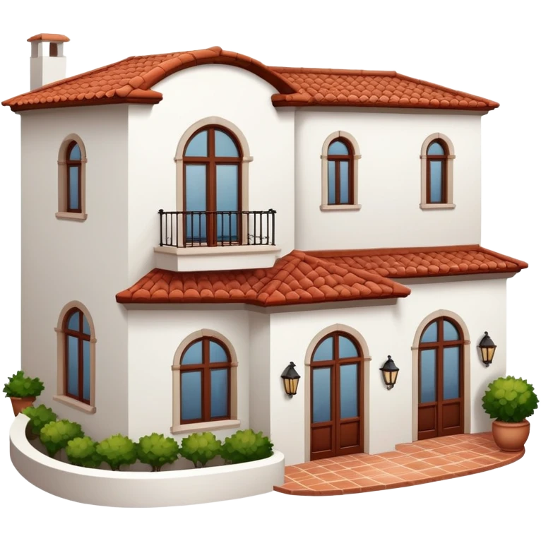 White stucco Spanish villa with red clay tile roof, arched windows, and small balcony emoji