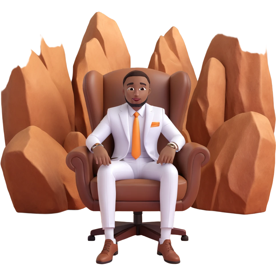 cartoon emoji of Davido sitting in a brown leather chair, wearing a white suit, with a desert background and rocky formations, confident and expressive emoji