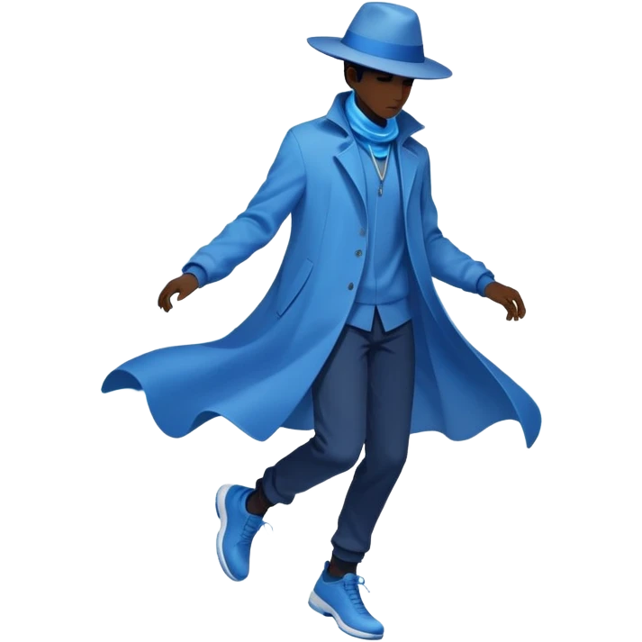 Male silhouette composed of blue ethereal flowing energy with minimal floating wardrobe pieces like hat, jacket and shoes orbiting around it, no facial features emoji