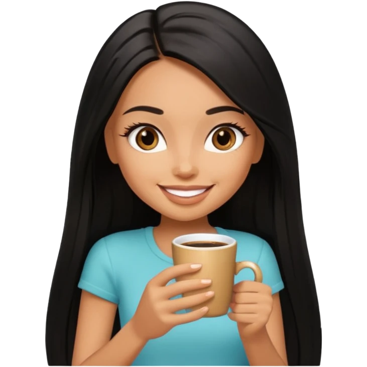 a pretty tan bratz girl with black long straight hair smiling and drinking coffee emoji