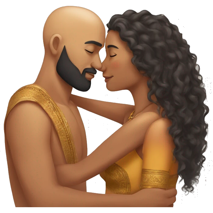 A indian race man with shaved head but beard kissing a indian woman with long curly hair short, Who embrace each other tenderly emoji