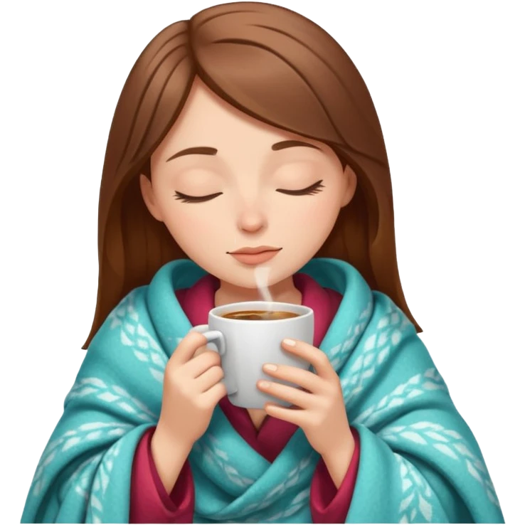 brown-haired white girl inside a blanket sipping coffee eyes closed emoji