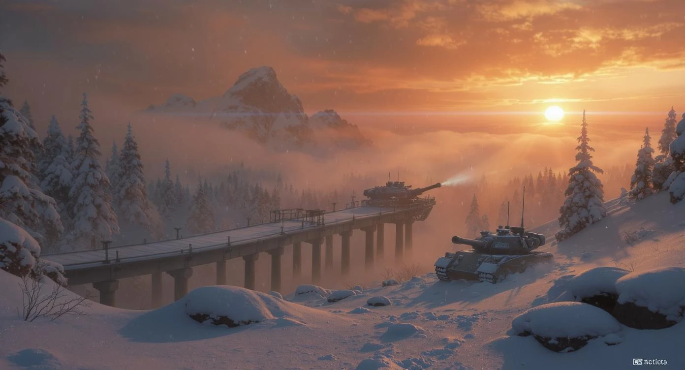 Cinematic, documentary photography, establishing shot, Warhammer 40.000 new title, in the style of snow scenes, ARRIFLEX 35 BL Camera, Canon K35 Prime Lenses, ethereal landscape, 70mm, dedication, Sunset, warm and vibrant colors, dedication emoji