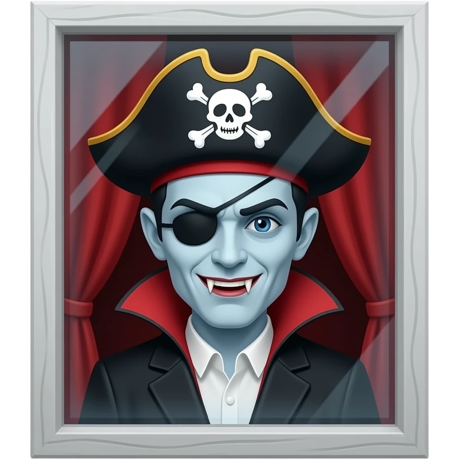 A creepy vampire with a pirate hat behind a window emoji