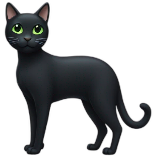 A black cat with green eyes with a white mustache and white small spots in full height emoji