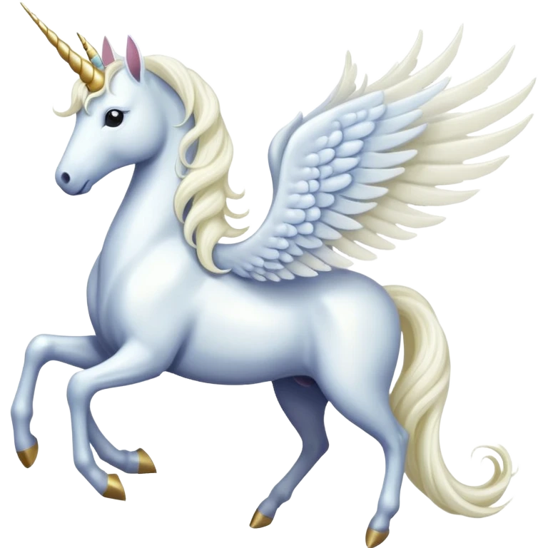 All white Cinematic Noble Unicorn with wings, slender with a flowing mane and tail and spiraled horn emoji
