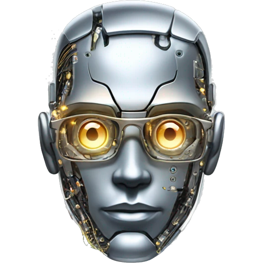 Male cyborg head with metallic plated face, flat top, glasses and circuits emoji
