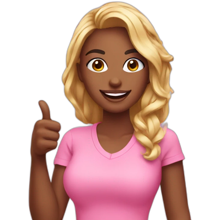 influencer promoting a pink product in her arms and thumb up emoji