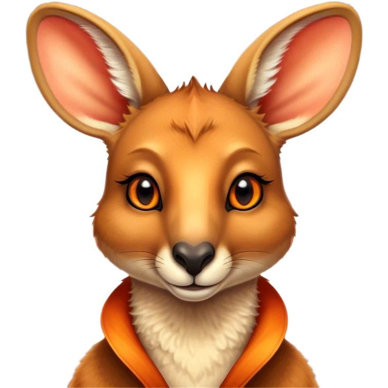 Cinematic Noble Kangaroo Portrait Emoji, Poised and regal, with a powerful, muscular build and a sleek, well-groomed fur of warm red-orange hues, deep-set soulful amber eyes and a strong tail, Simplified yet sharp and sophisticated features, highly detailed, glowing with a warm, dignified glow, high shine, intelligent and athletic, stylized with an air of outback majesty, focused and attentive, soft glowing outline, capturing the essence of a watchful and confident marsupial, so majestic it feels as though it could bound out of the screen with effortless authority! emoji