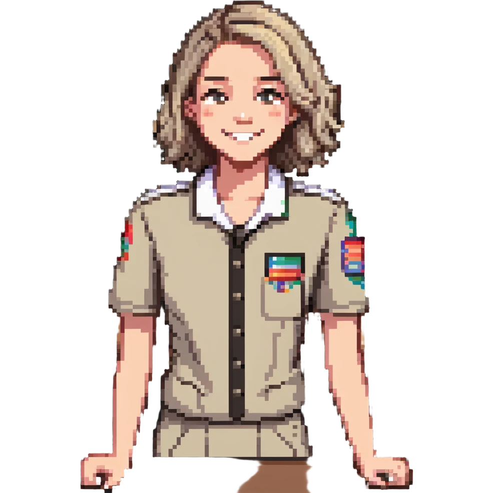 Gender-neutral cashier with shoulder-length hair, standing behind a cashier desk, smiling, wearing a neutral-colored uniform emoji