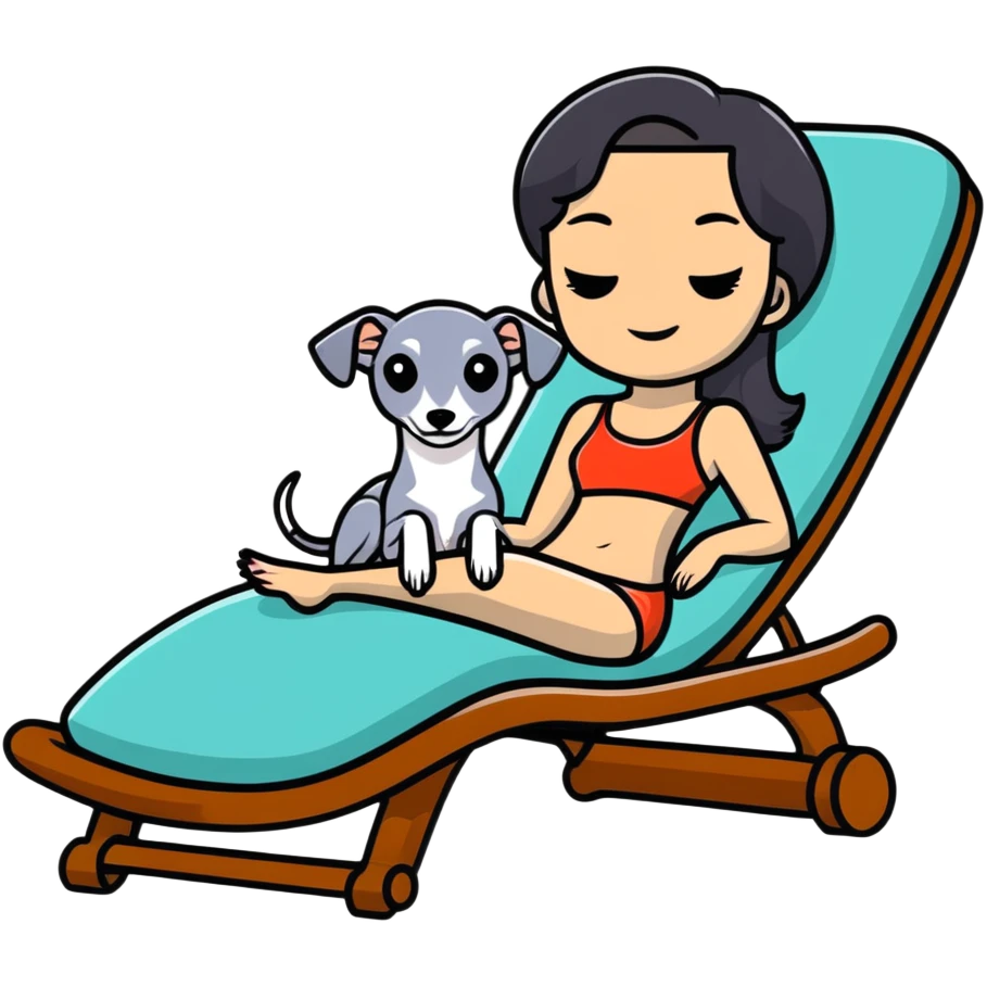 Very thin Chinese woman with long black hair relaxing on a spa lounger with exactly ONE Italian greyhound that is COMPLETELY solid grey - IMPORTANT: the dog must be ENTIRELY ONE UNIFORM GREY COLOR with ABSOLUTELY NO WHITE MARKINGS ANYWHERE - no white on face, no white on chest, no white on paws, nothing but pure grey throughout the entire dog emoji
